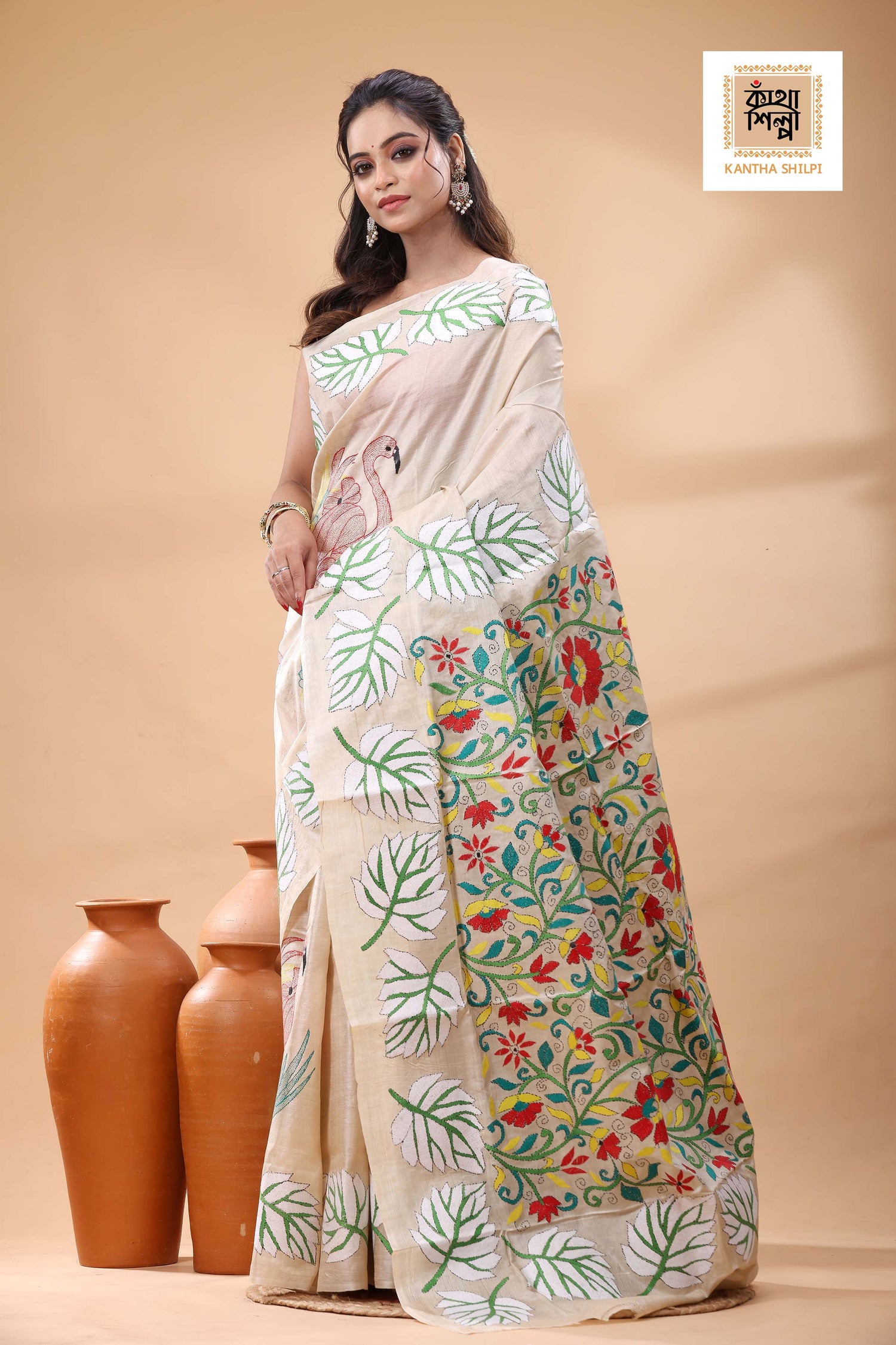 Pure Gachi Tussar Multicolor Thread Work Kantha Stitch Saree