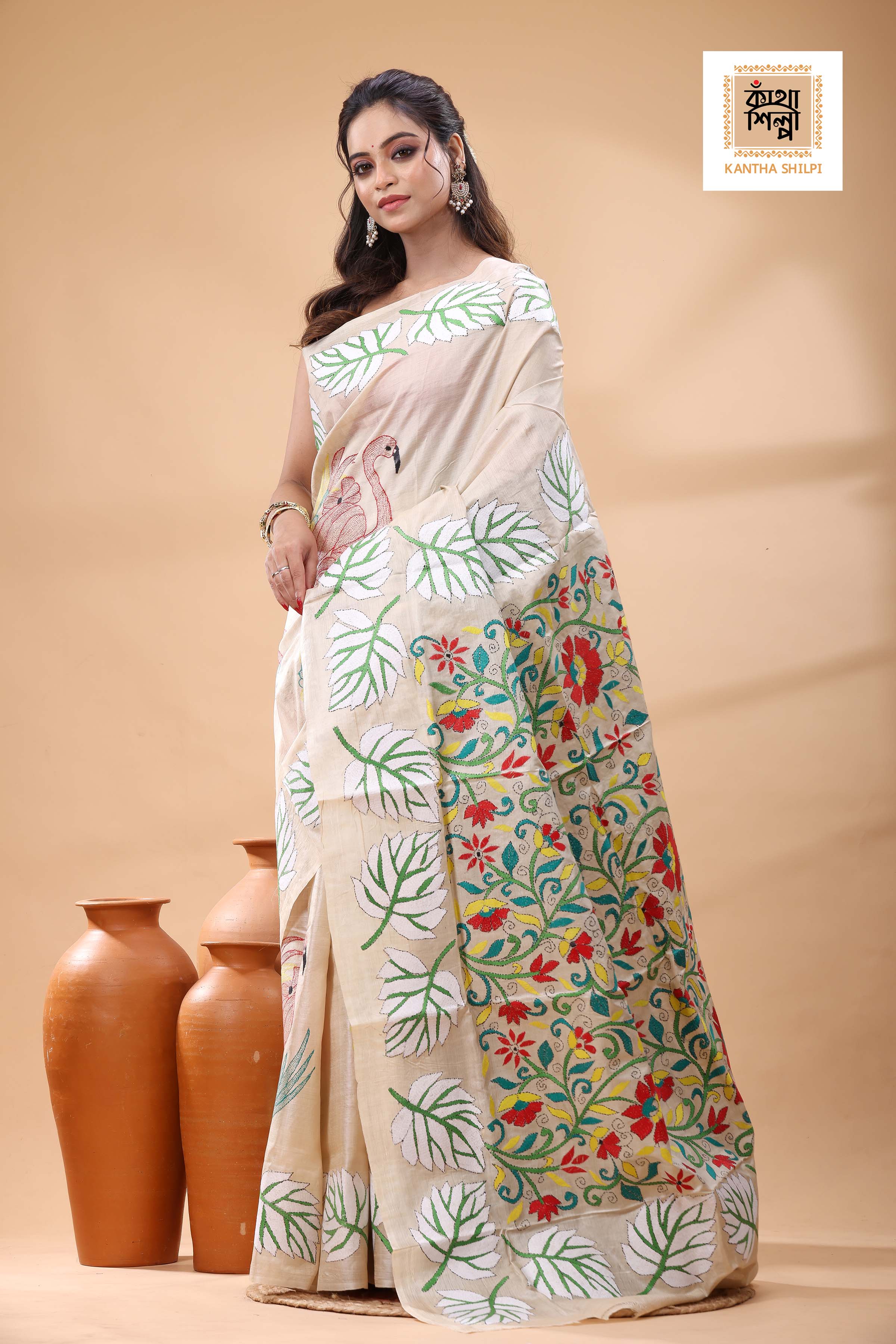 Pure Gachi Tussar Multicolor Thread Work Kantha Stitch Saree