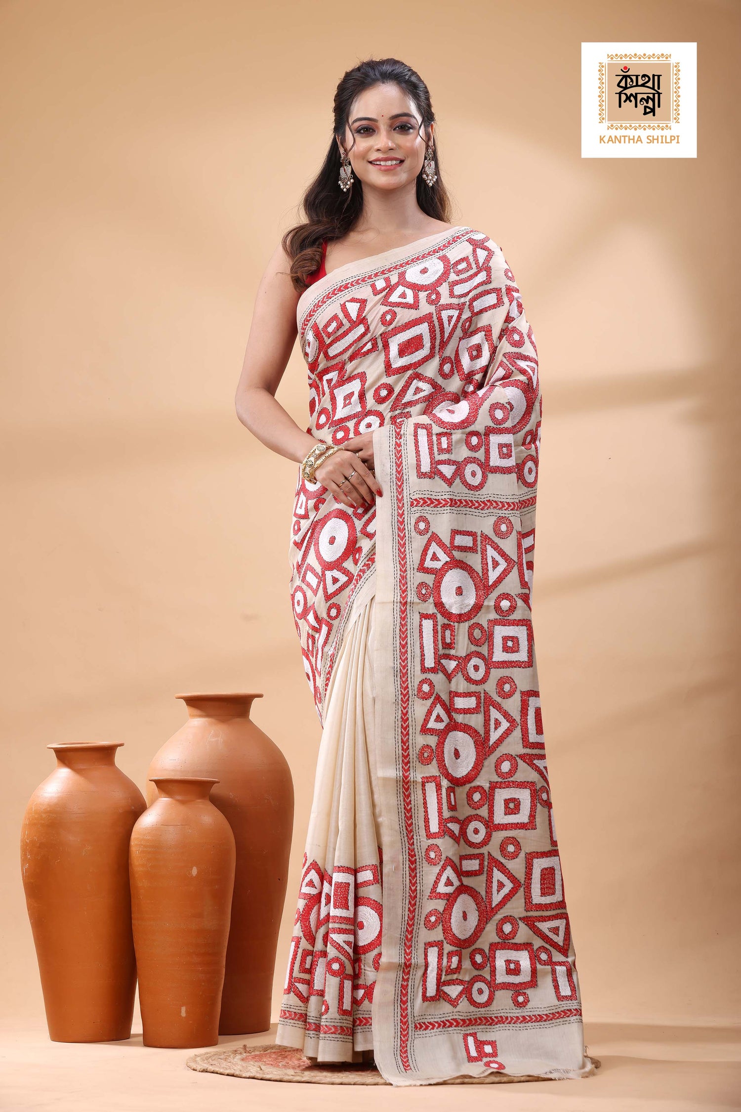 Pure Gachi Tussar red white black color Thread Work Kantha Stitch Saree
