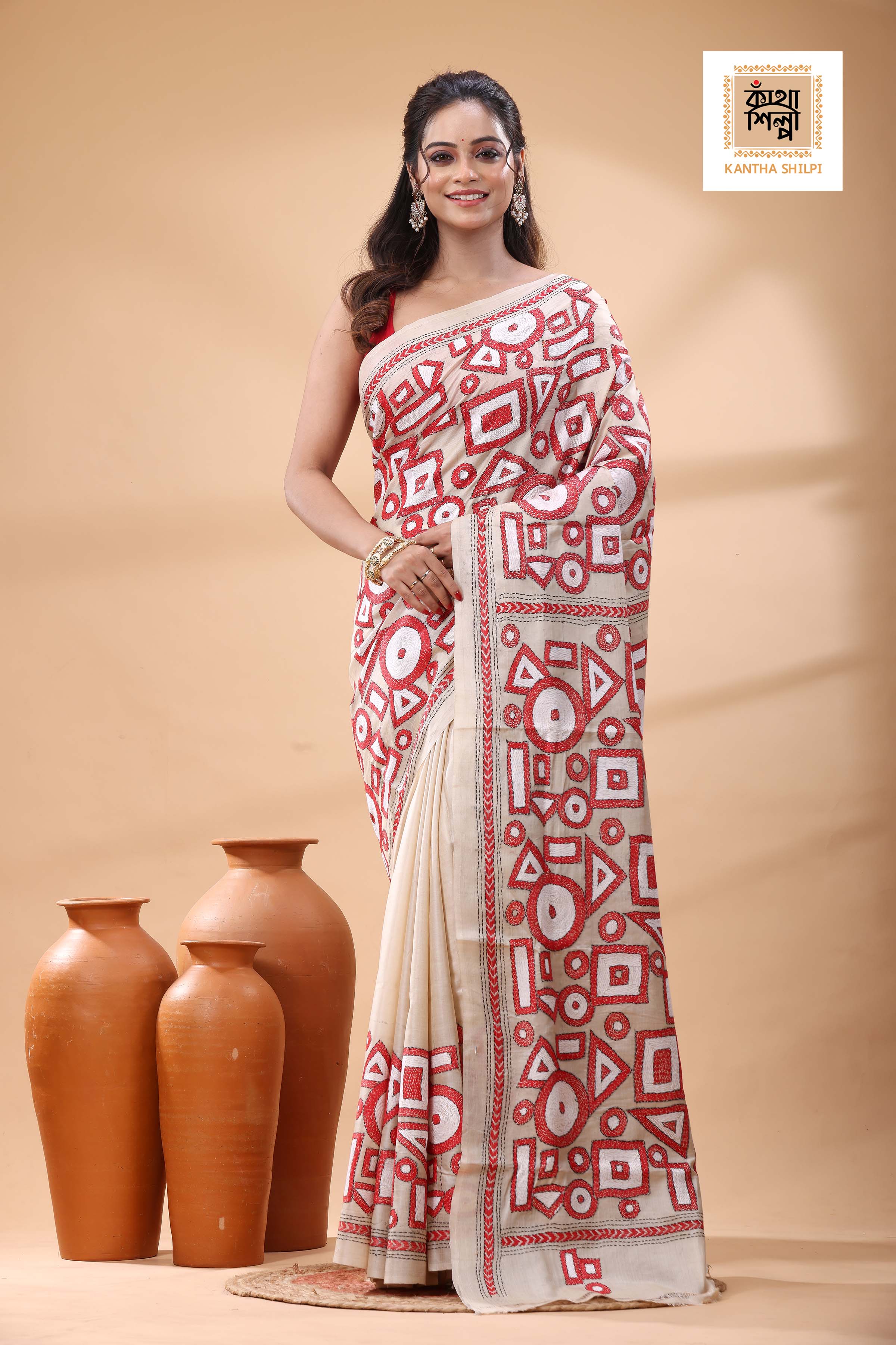 Pure Gachi Tussar red white black color Thread Work Kantha Stitch Saree