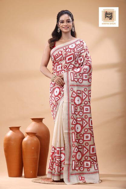Pure Gachi Tussar red white black color Thread Work Kantha Stitch Saree
