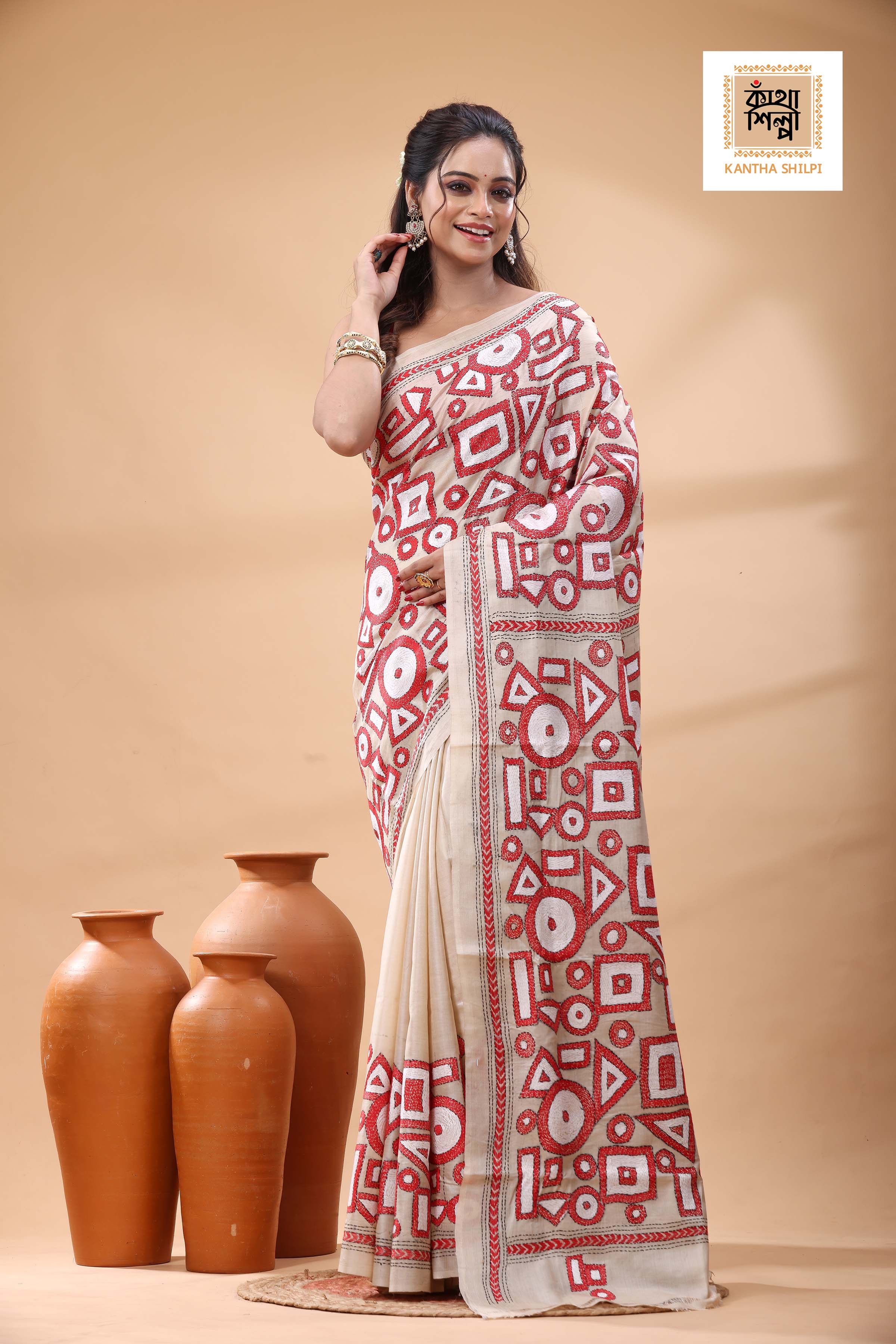 Pure Gachi Tussar red white black color Thread Work Kantha Stitch Saree