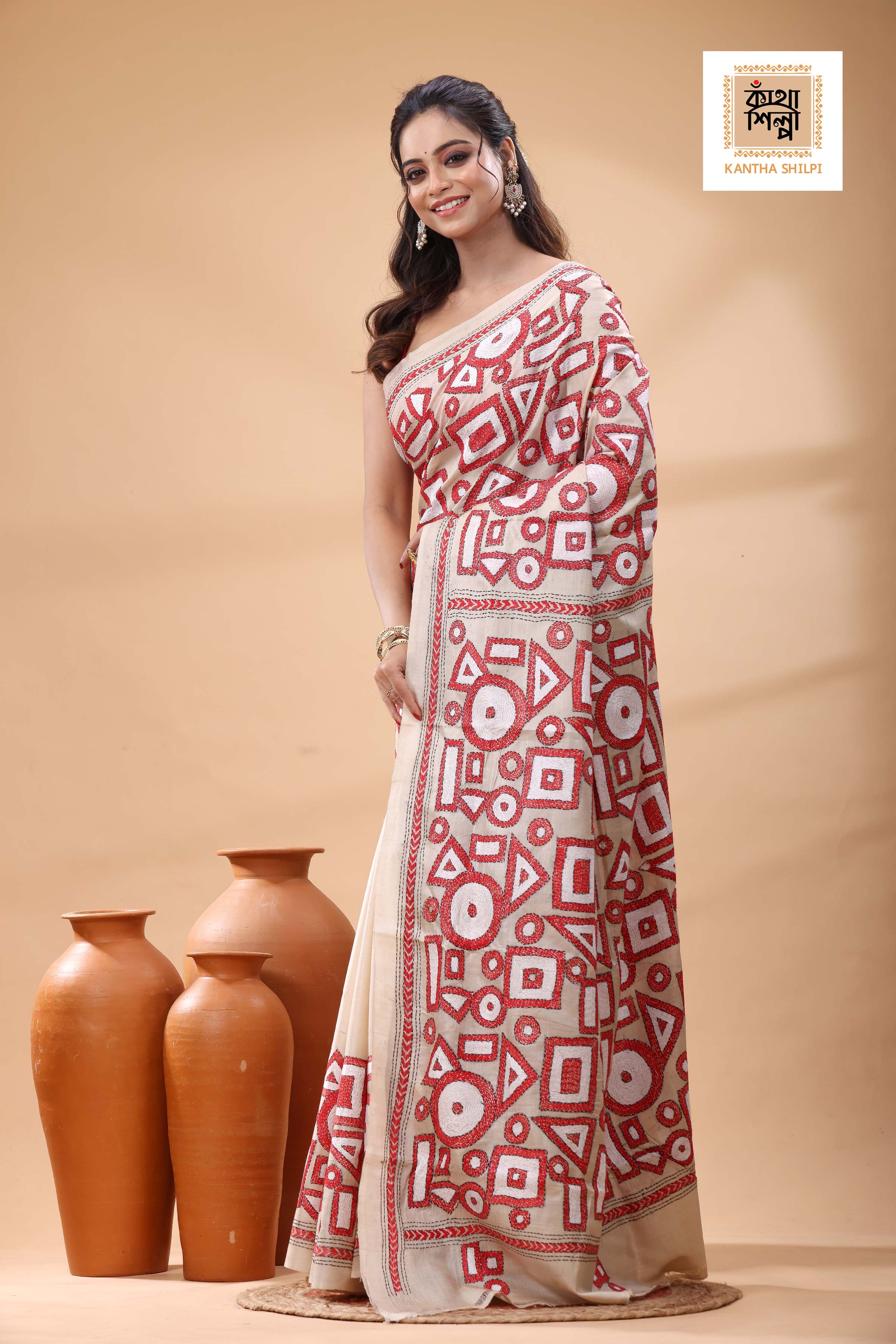 Pure Gachi Tussar red white black color Thread Work Kantha Stitch Saree