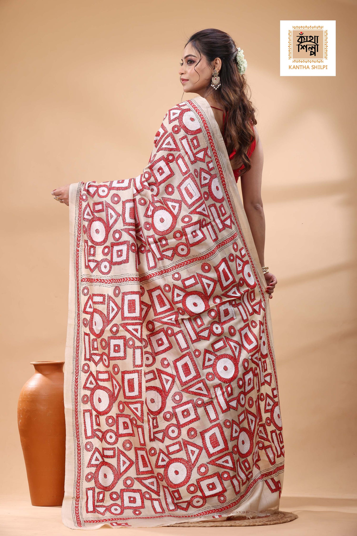 Pure Gachi Tussar red white black color Thread Work Kantha Stitch Saree