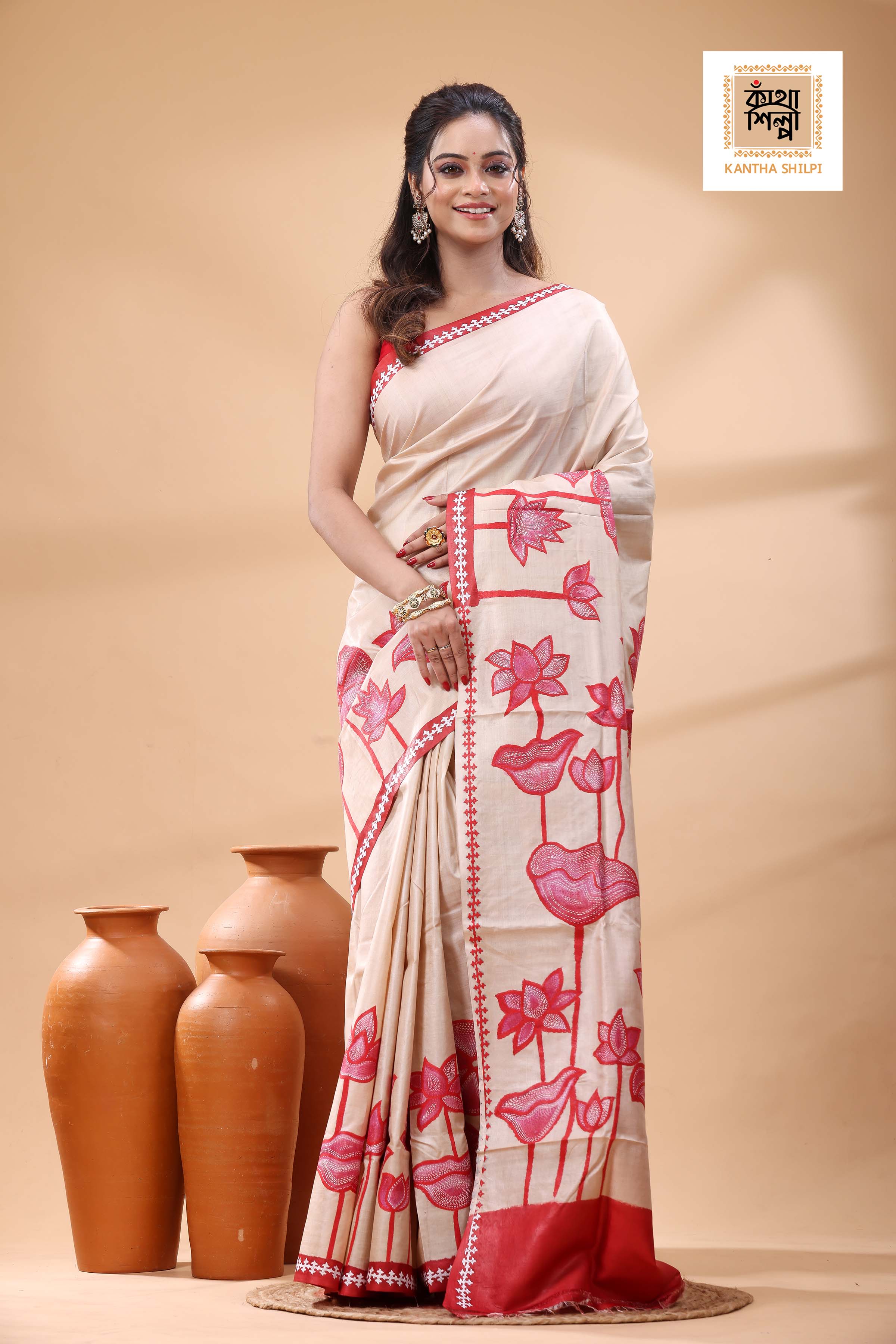 Pure Gachi Tussar Red Color Thread Work Kantha Stitch Saree