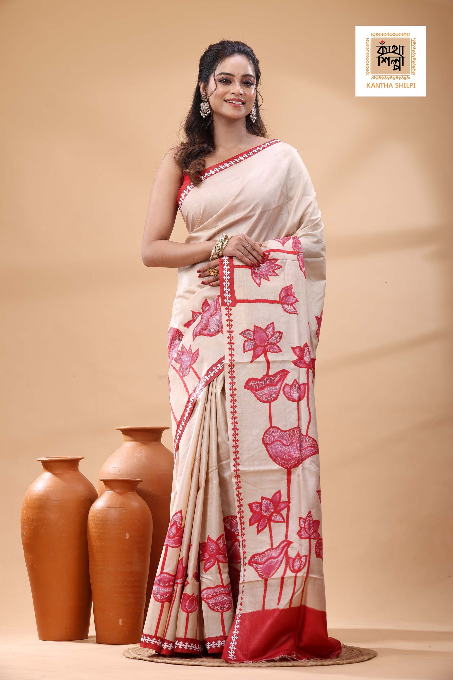 Pure Gachi Tussar Red Color Thread Work Kantha Stitch Saree