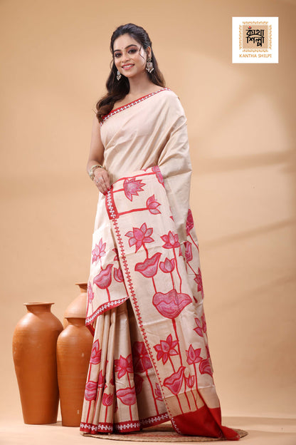 Pure Gachi Tussar Red Color Thread Work Kantha Stitch Saree