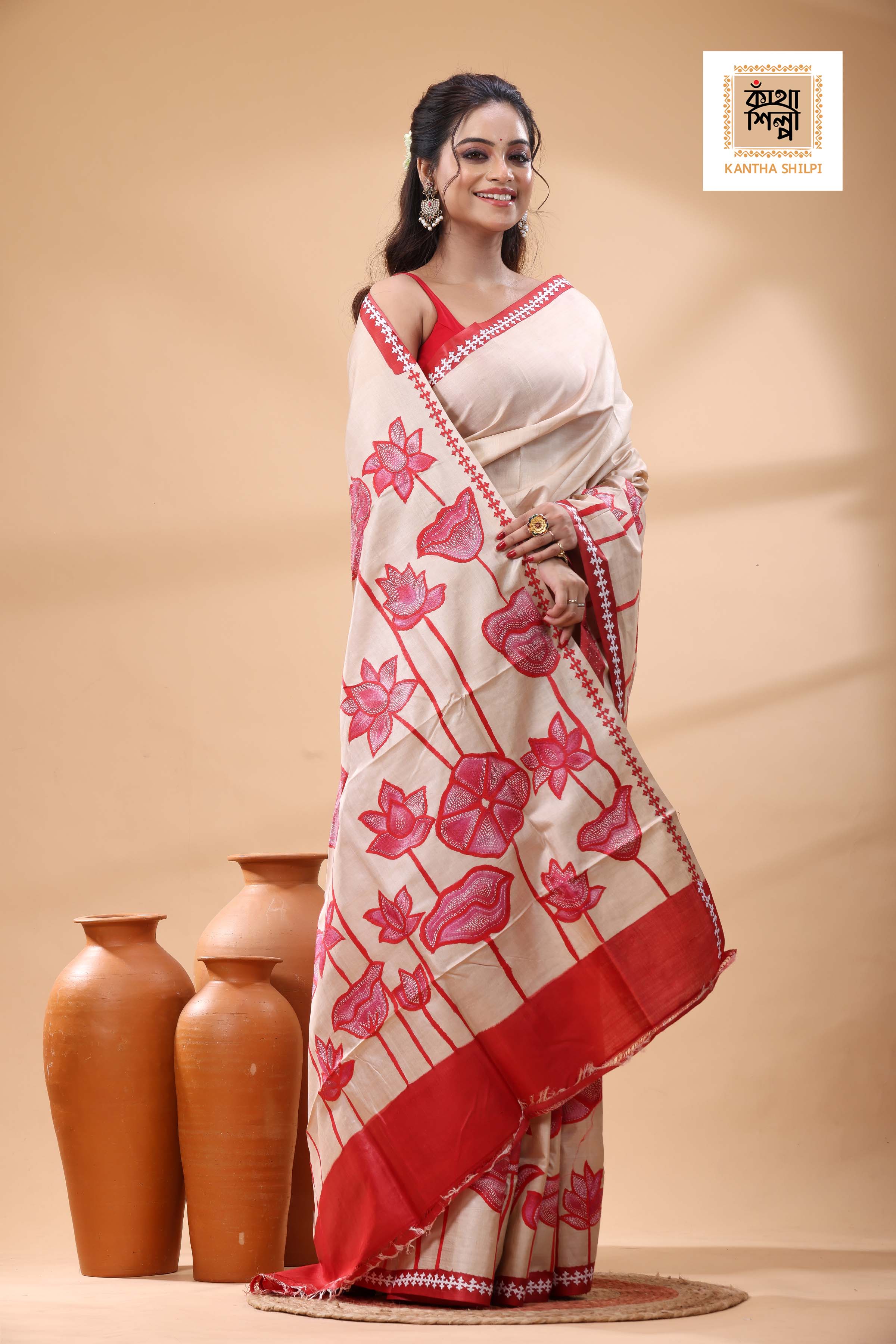 Pure Gachi Tussar Red Color Thread Work Kantha Stitch Saree