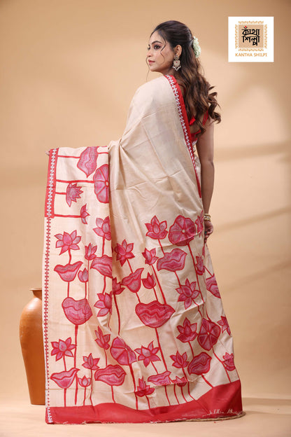 Pure Gachi Tussar Red Color Thread Work Kantha Stitch Saree