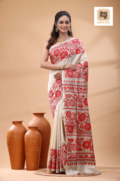 Pure Gachi Tussar Red Ccolor Thread Work Kantha Stitch Saree