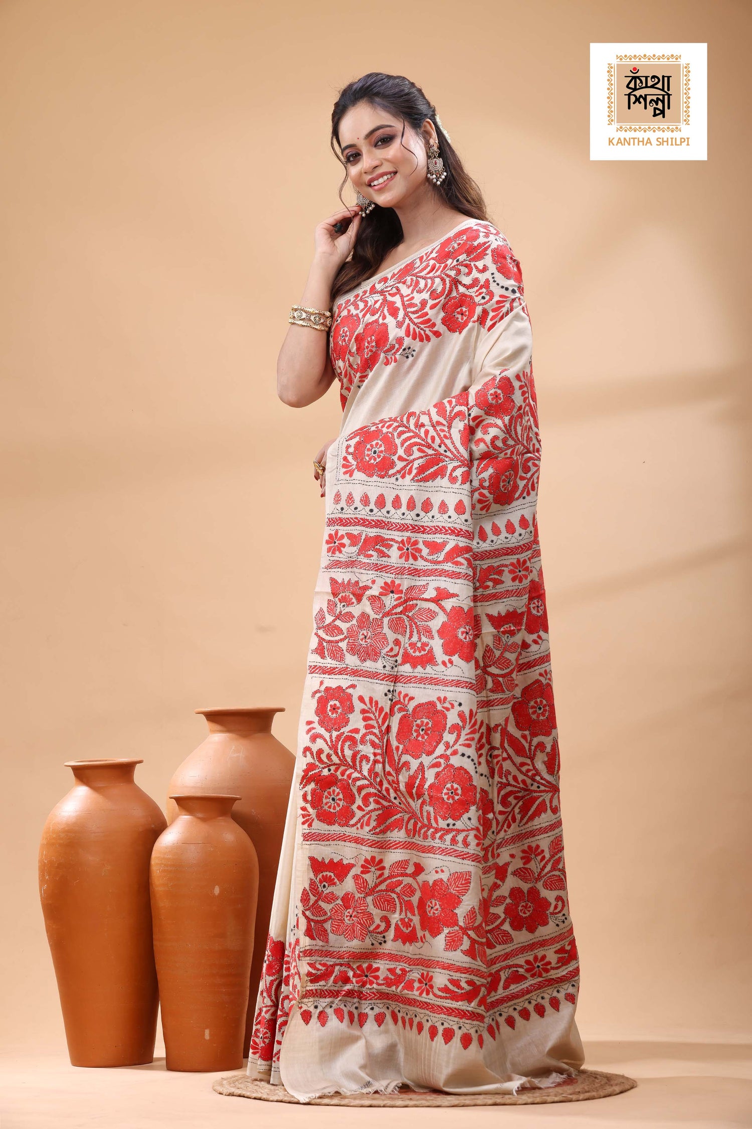 Pure Gachi Tussar Red Ccolor Thread Work Kantha Stitch Saree