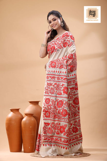 Pure Gachi Tussar Red Ccolor Thread Work Kantha Stitch Saree