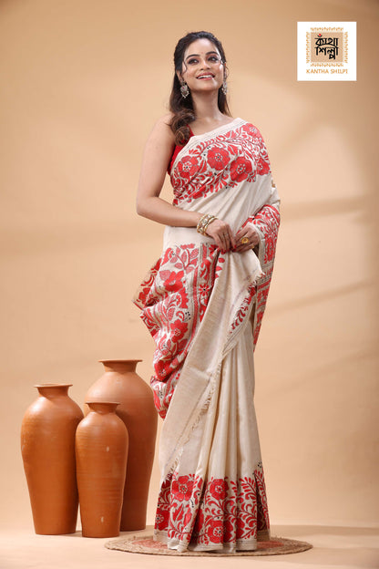 Pure Gachi Tussar Red Ccolor Thread Work Kantha Stitch Saree