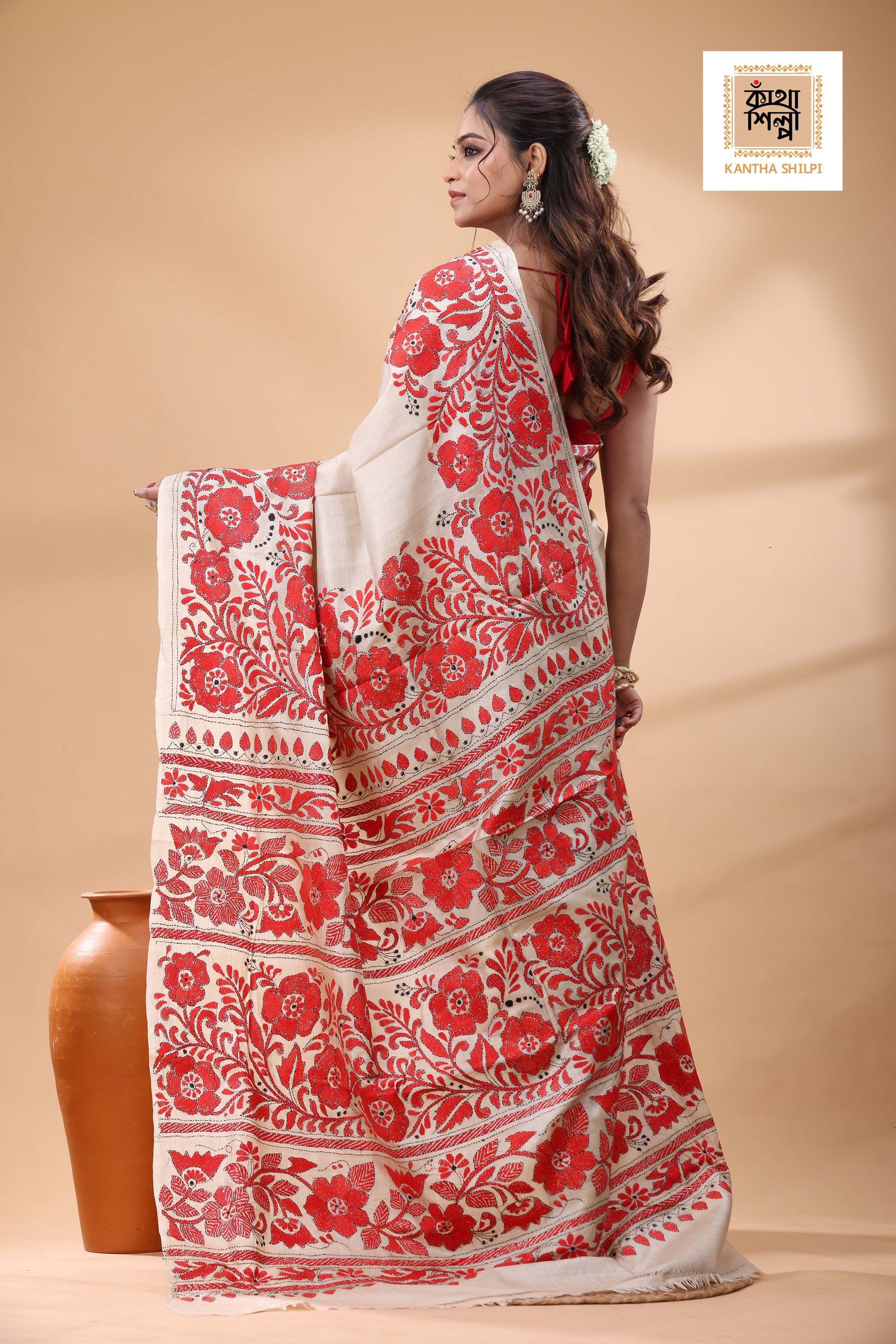 Pure Gachi Tussar Red Ccolor Thread Work Kantha Stitch Saree