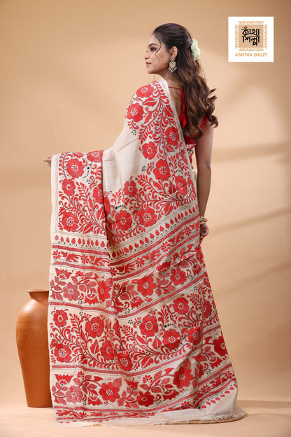 Pure Gachi Tussar Red Ccolor Thread Work Kantha Stitch Saree
