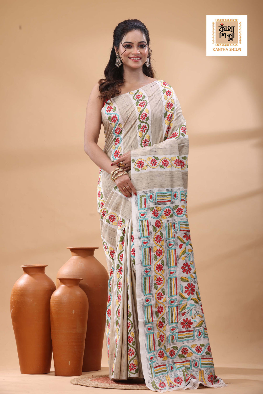 Bishnupuri (Katan) Silk with Ketiya Tussar Stripe Kantha Stitch Saree