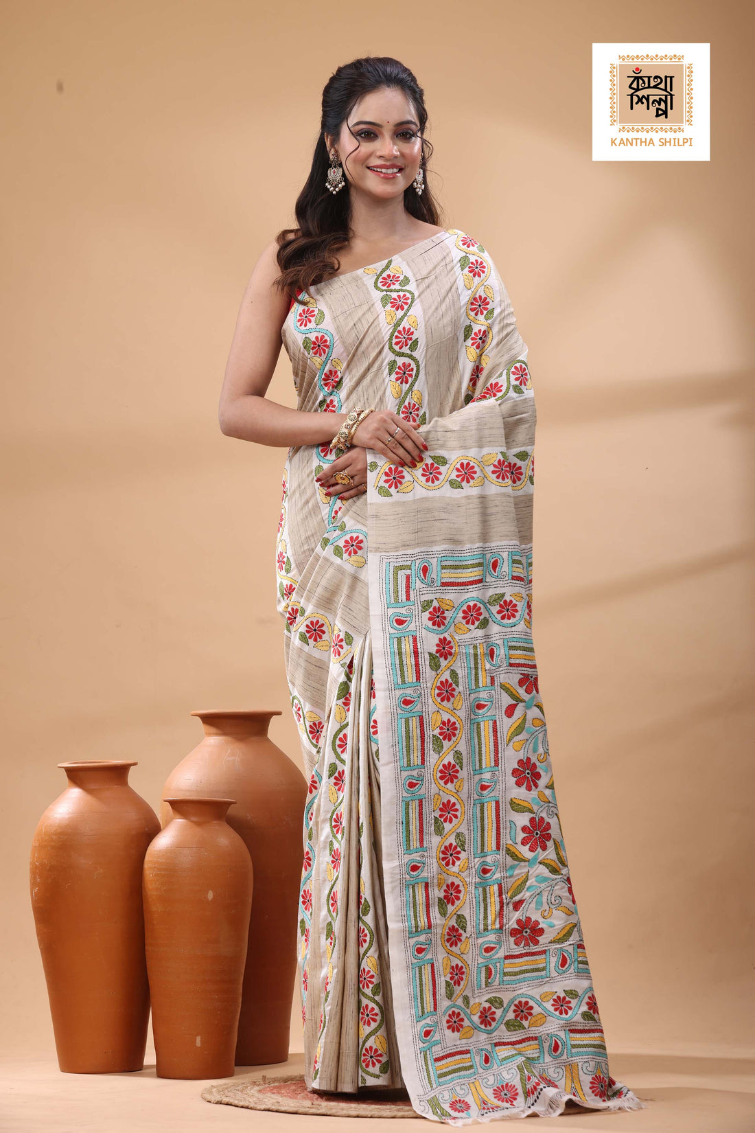 Bishnupuri (Katan) Silk with Ketiya Tussar Stripe Kantha Stitch Saree