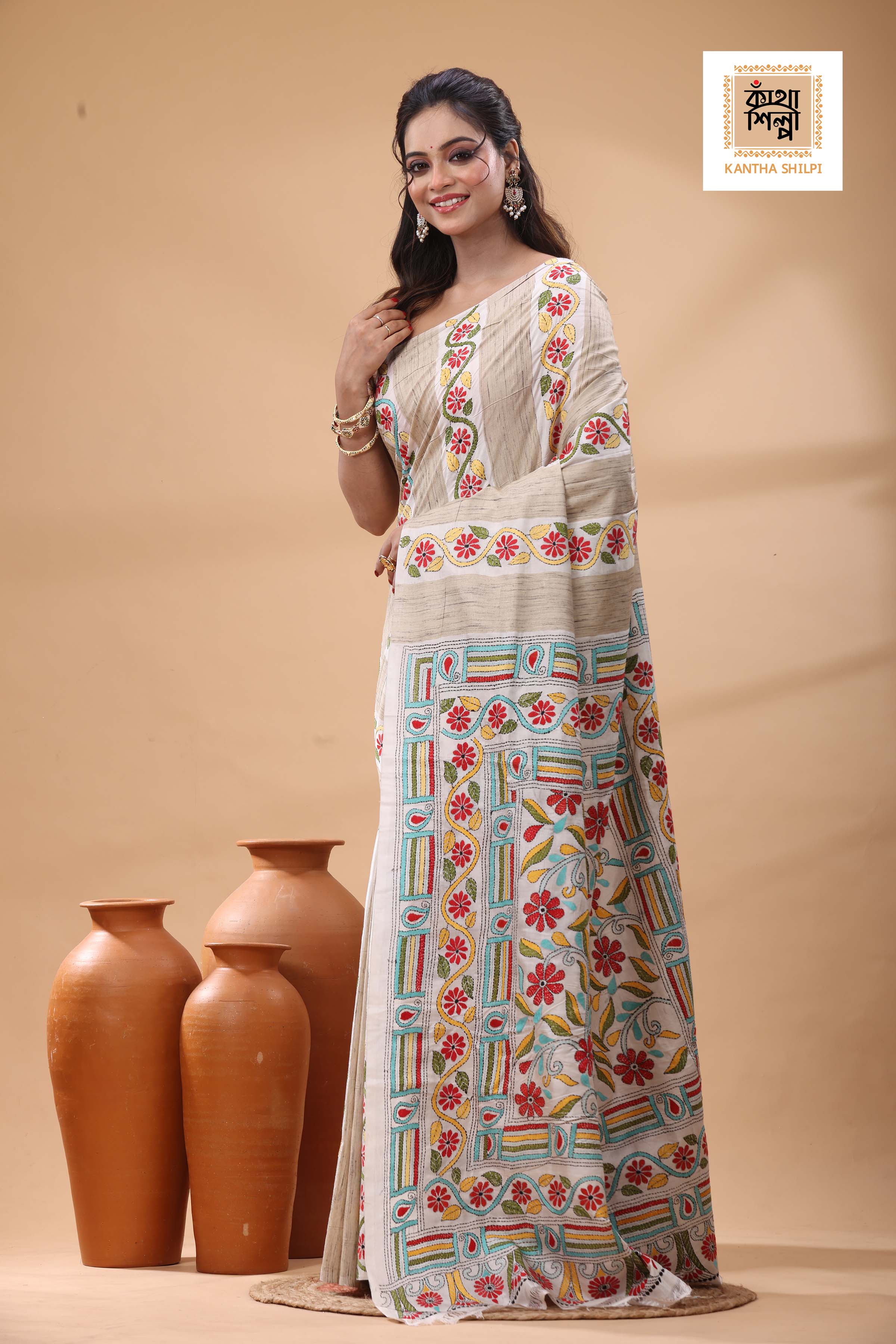 Bishnupuri (Katan) Silk with Ketiya Tussar Stripe Kantha Stitch Saree