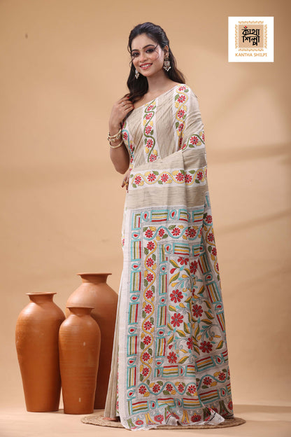 Bishnupuri (Katan) Silk with Ketiya Tussar Stripe Kantha Stitch Saree