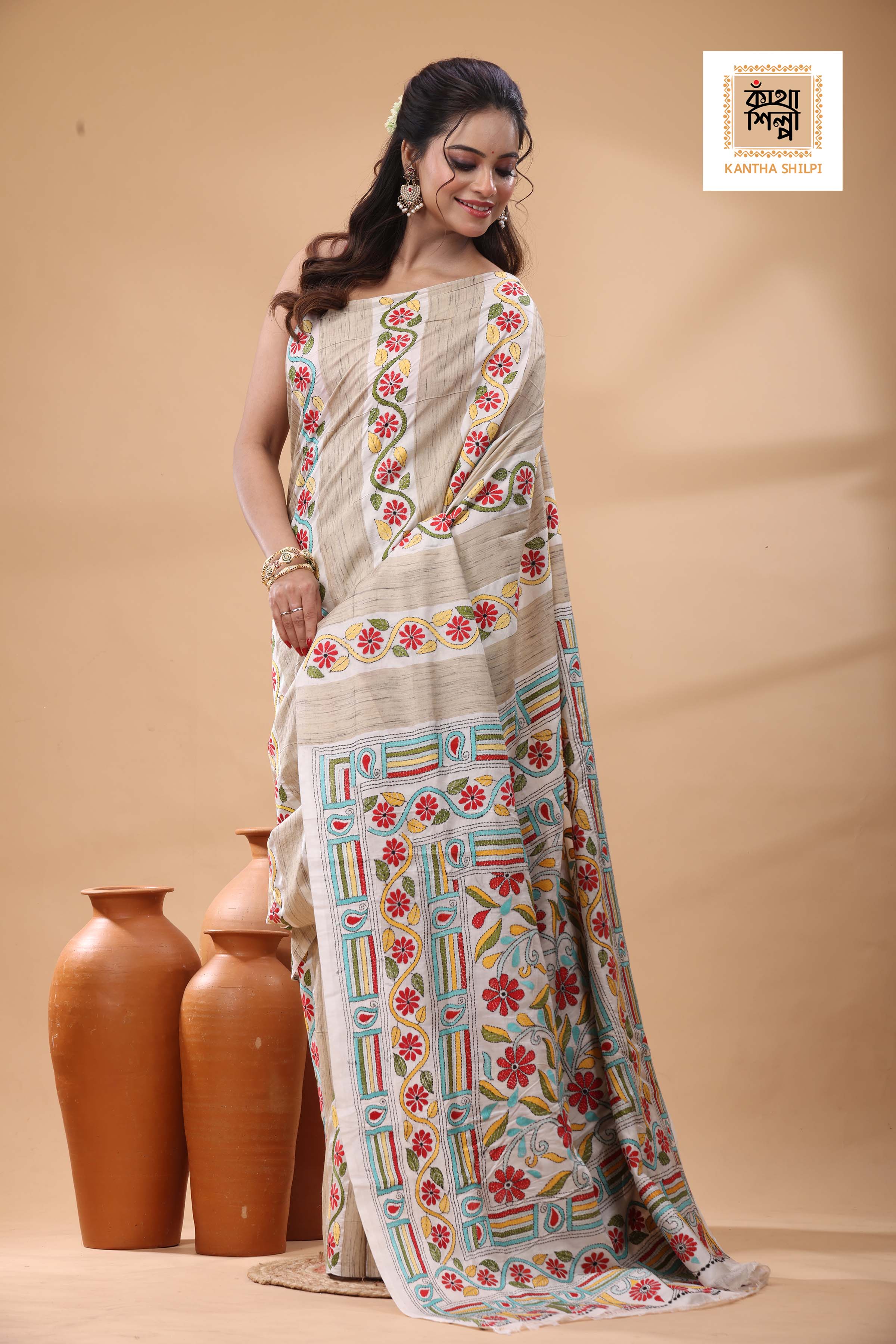 Bishnupuri (Katan) Silk with Ketiya Tussar Stripe Kantha Stitch Saree