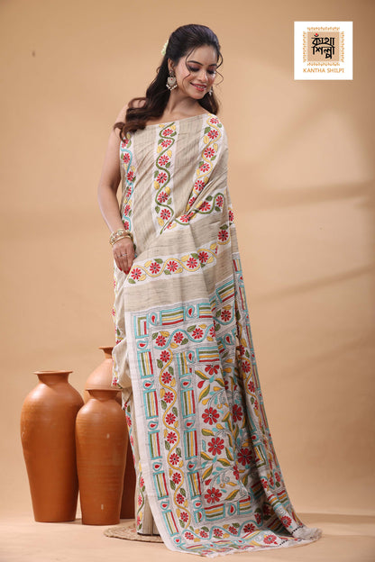 Bishnupuri (Katan) Silk with Ketiya Tussar Stripe Kantha Stitch Saree