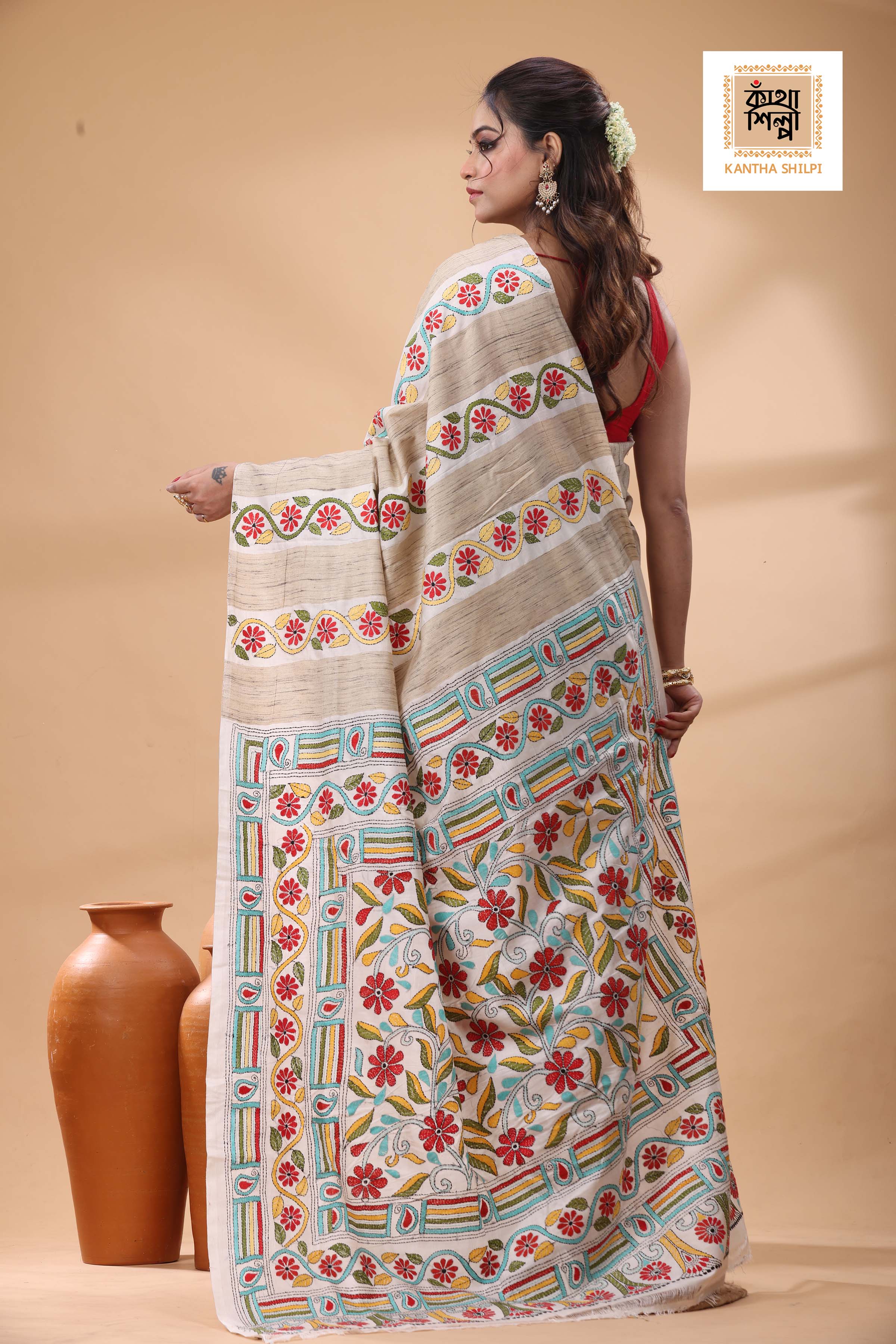 Bishnupuri (Katan) Silk with Ketiya Tussar Stripe Kantha Stitch Saree