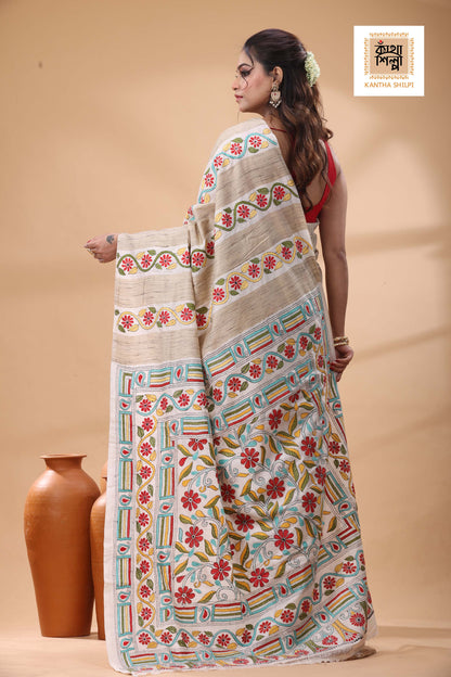 Bishnupuri (Katan) Silk with Ketiya Tussar Stripe Kantha Stitch Saree