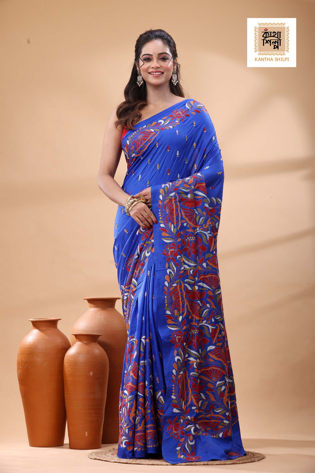 Blue Pure Bangalore Silk Multicolor Thread Work Kantha Stitch Saree
