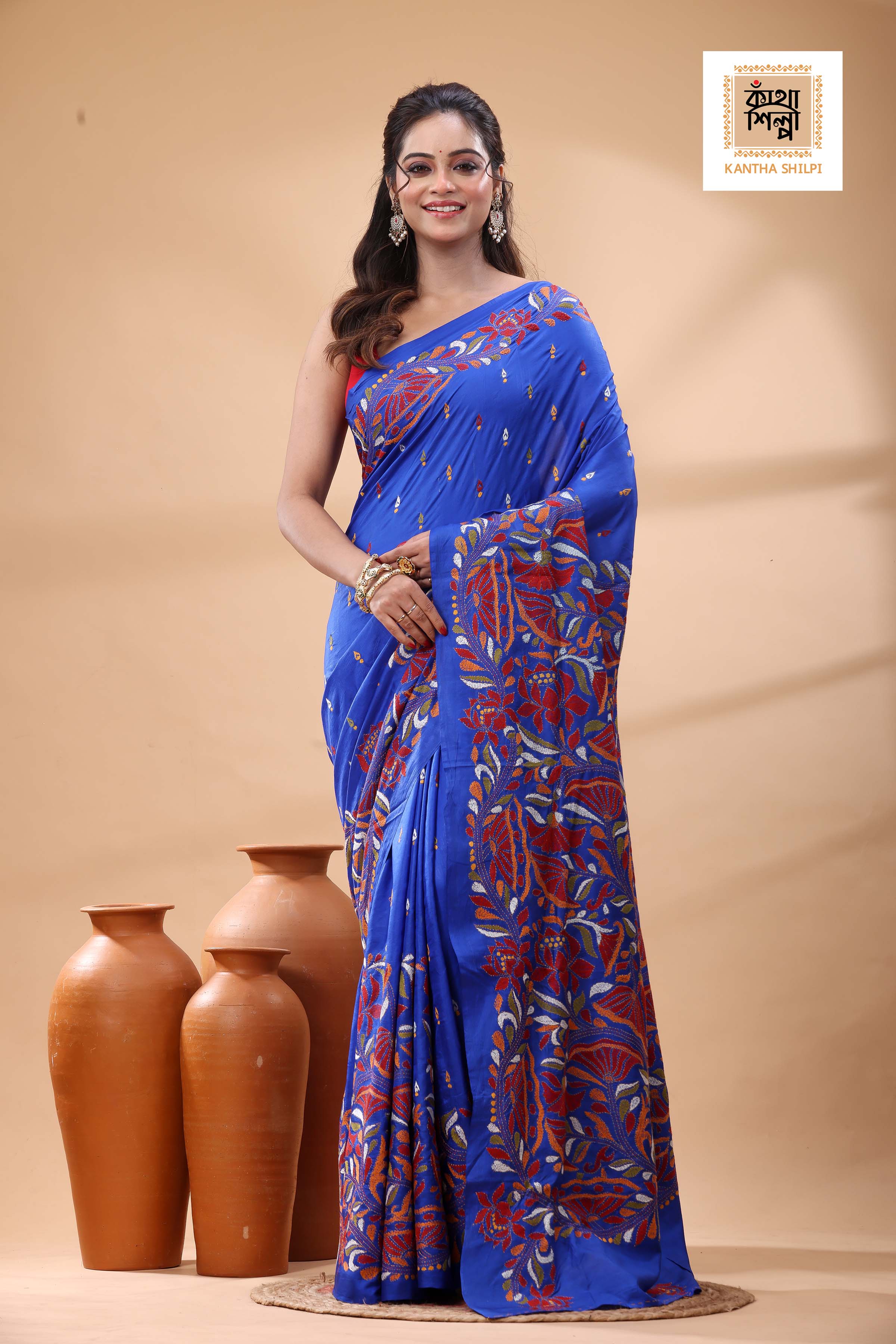 Blue Pure Bangalore Silk Multicolor Thread Work Kantha Stitch Saree