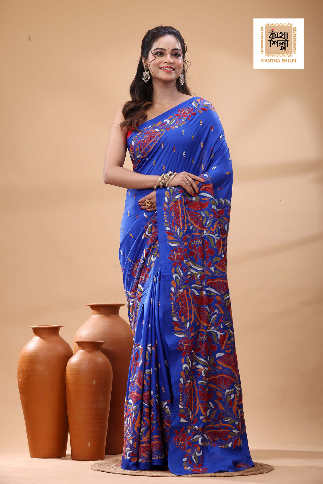 Blue Pure Bangalore Silk Multicolor Thread Work Kantha Stitch Saree