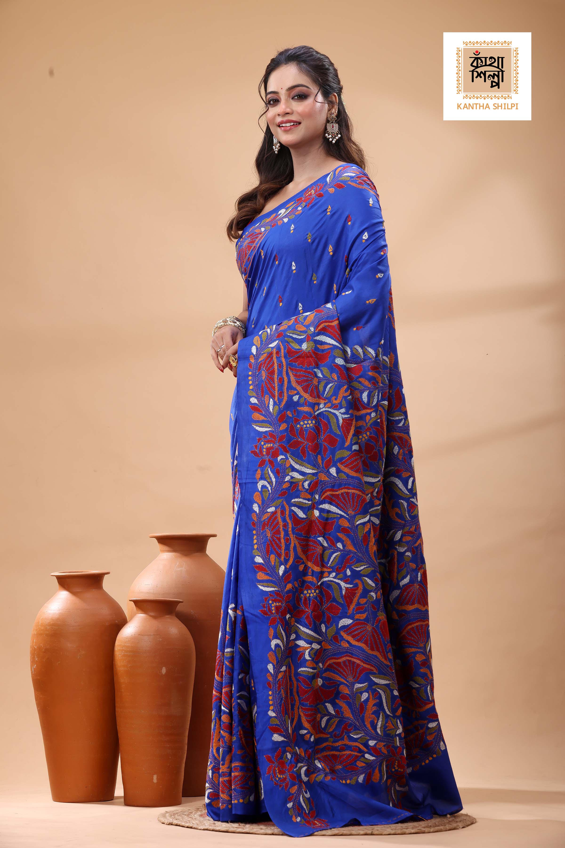 Blue Pure Bangalore Silk Multicolor Thread Work Kantha Stitch Saree