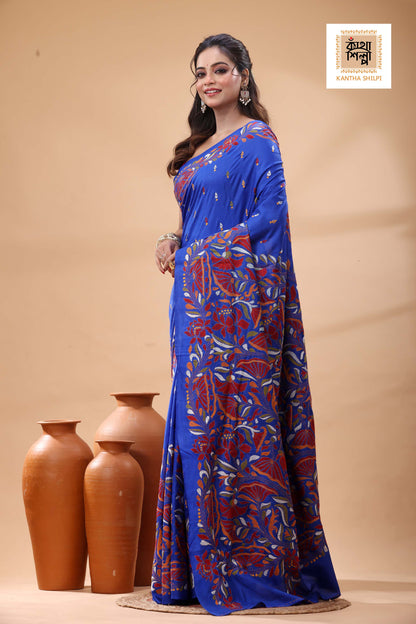 Blue Pure Bangalore Silk Multicolor Thread Work Kantha Stitch Saree