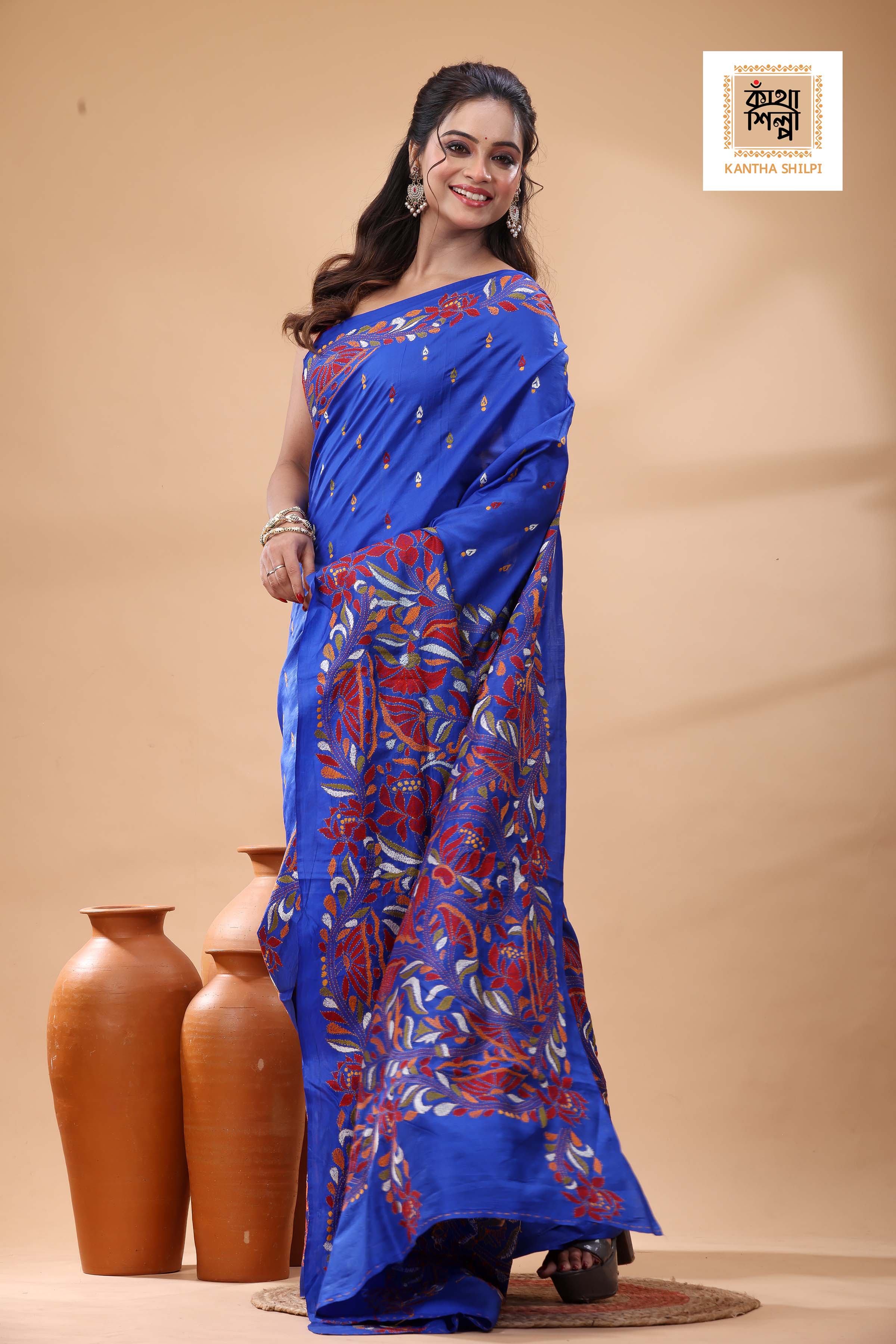 Blue Pure Bangalore Silk Multicolor Thread Work Kantha Stitch Saree