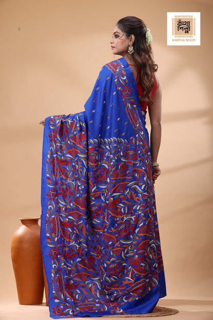 Blue Pure Bangalore Silk Multicolor Thread Work Kantha Stitch Saree