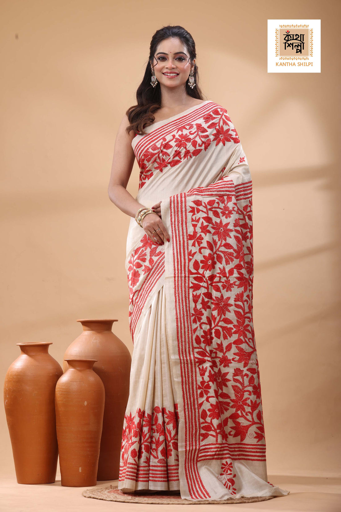 Pure Gachi Tussar Red Color Thread Work Kantha Stitch Saree
