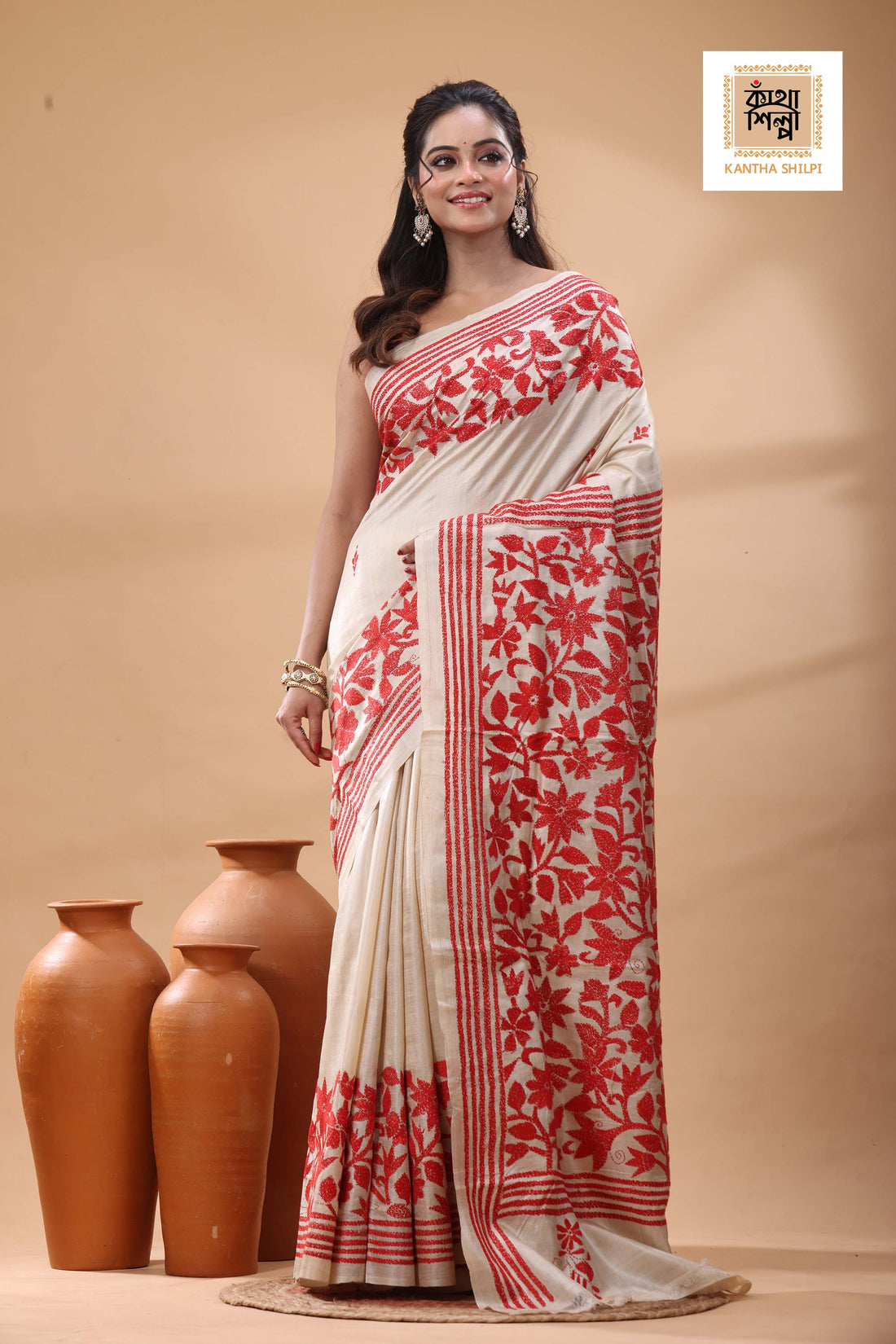 Pure Gachi Tussar Red Color Thread Work Kantha Stitch Saree