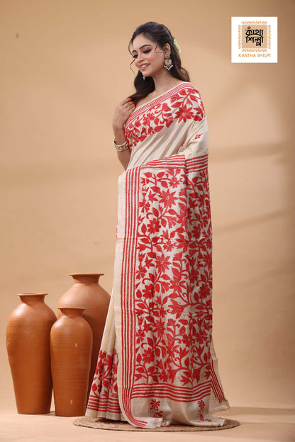 Pure Gachi Tussar Red Color Thread Work Kantha Stitch Saree