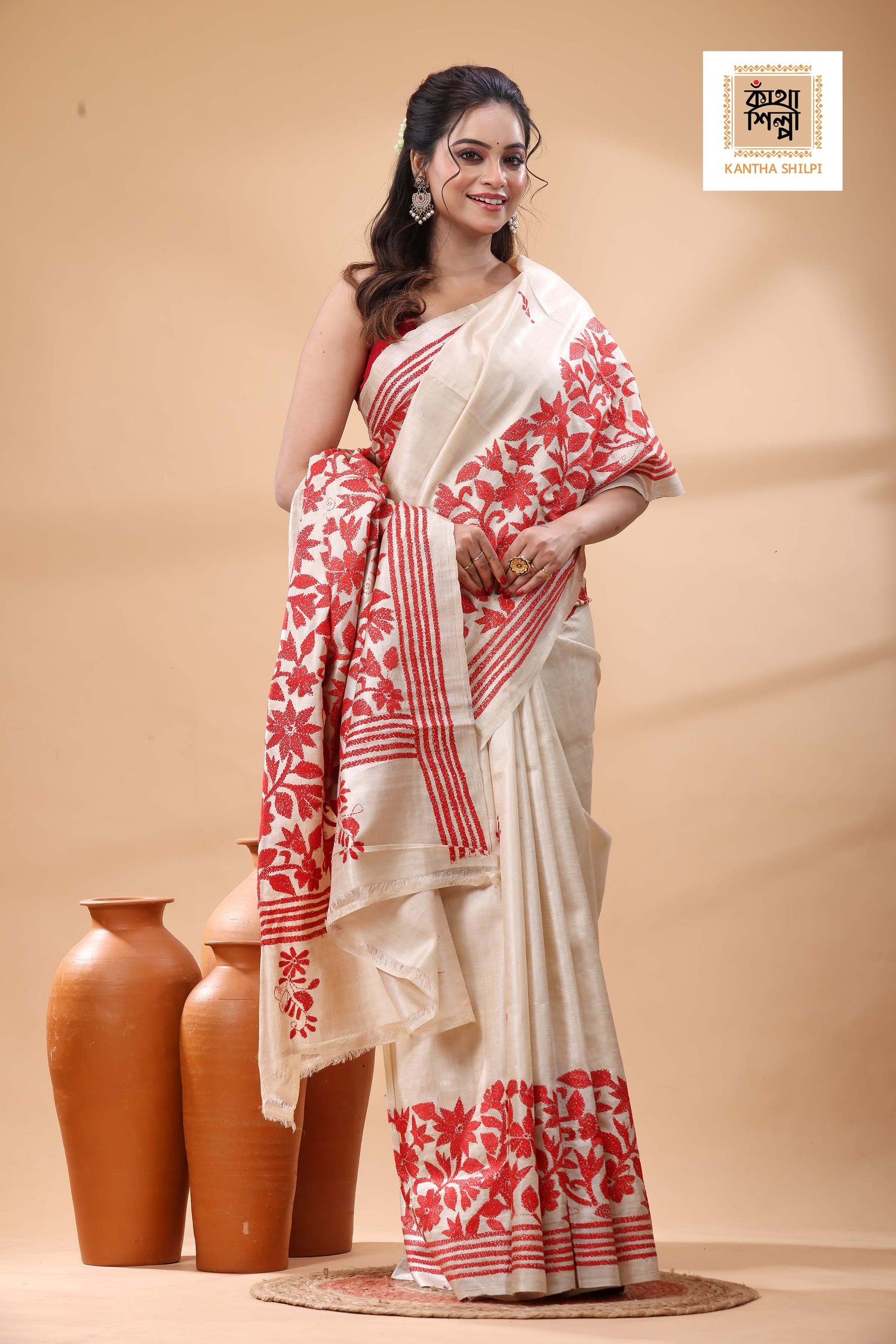 Pure Gachi Tussar Red Color Thread Work Kantha Stitch Saree