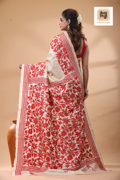 Pure Gachi Tussar Red Color Thread Work Kantha Stitch Saree