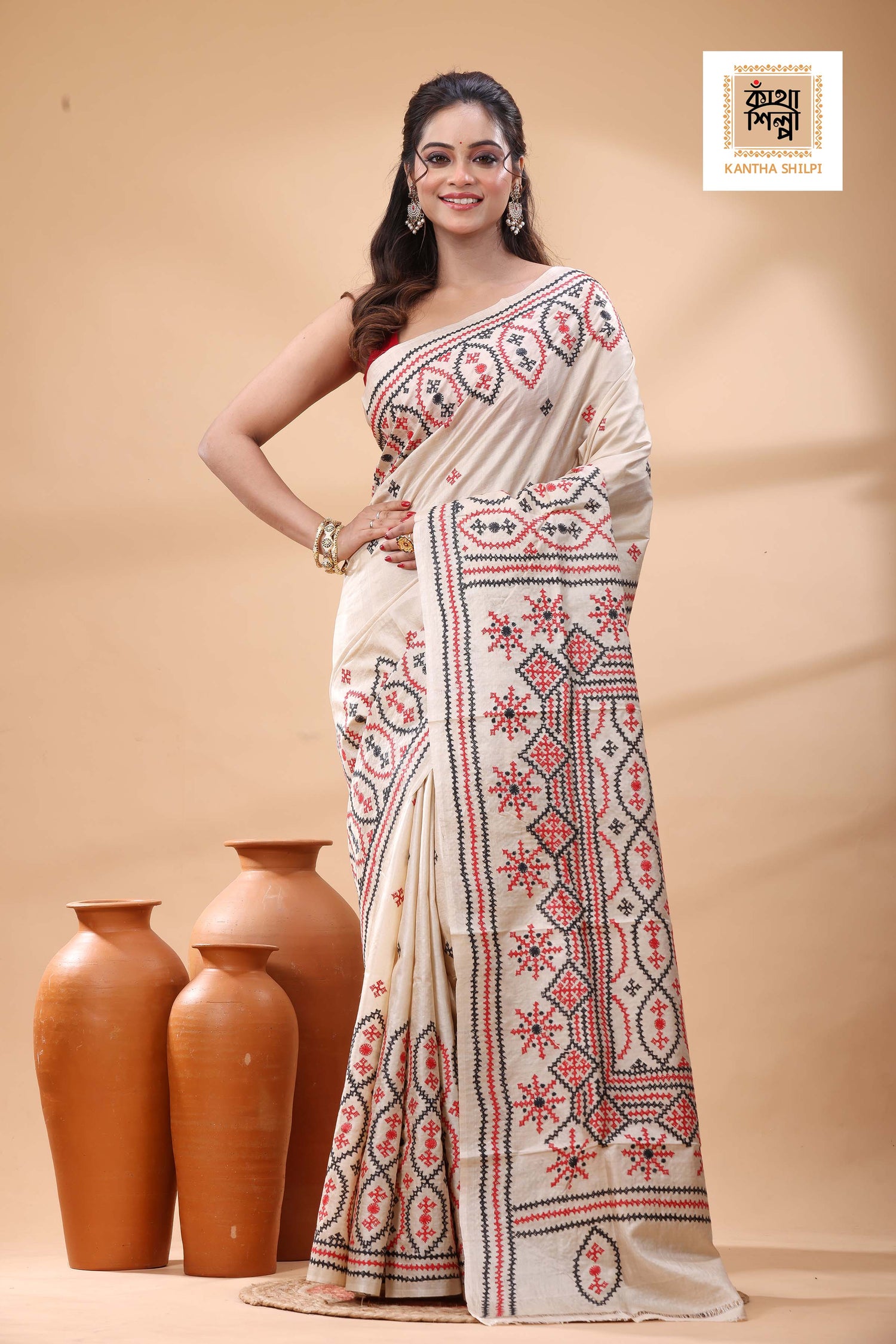 Pure Gachi Tussar with Red Black Thread Work Gujrati Stitch Saree