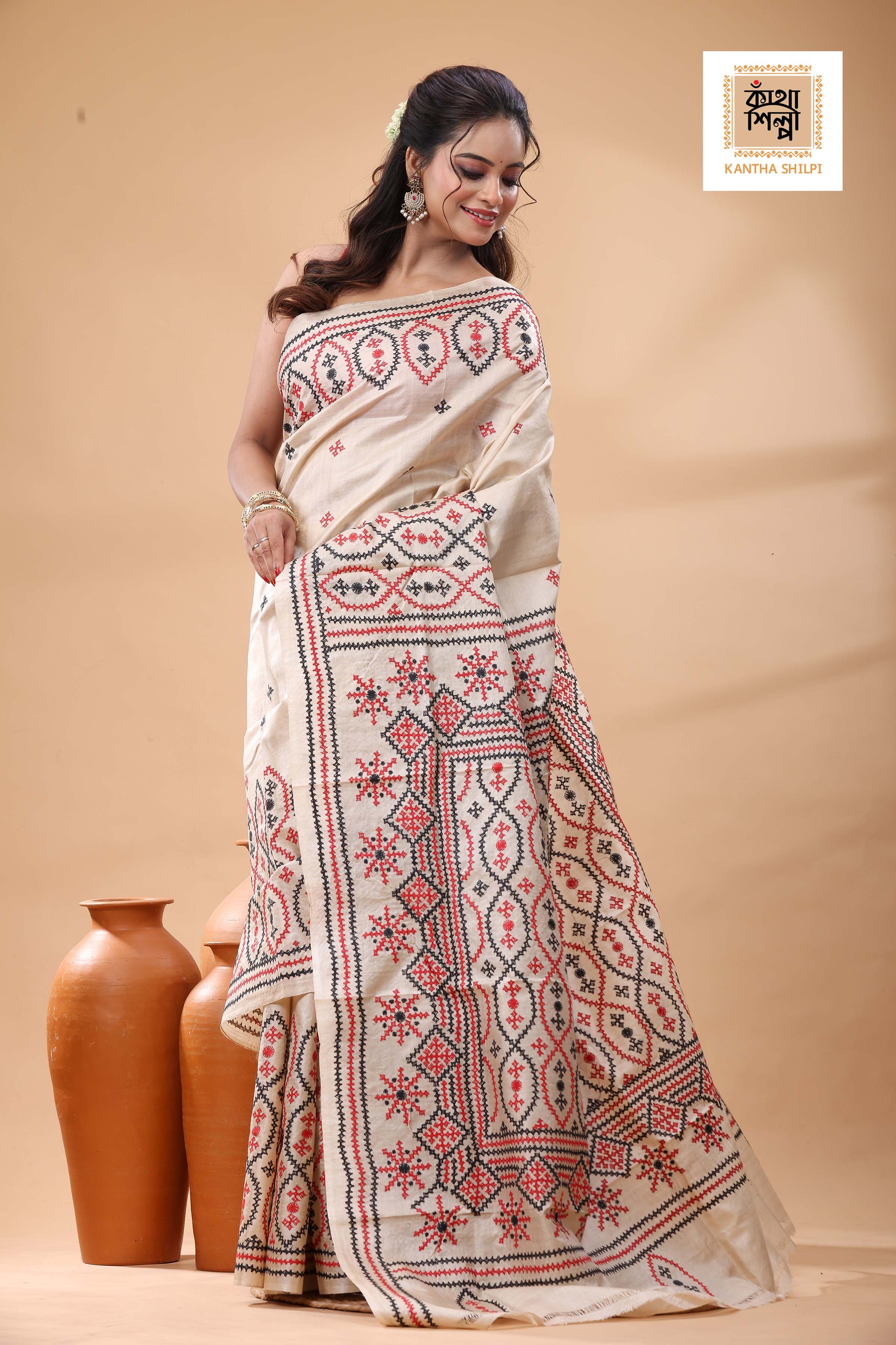 Pure Gachi Tussar with Red Black Thread Work Gujrati Stitch Saree