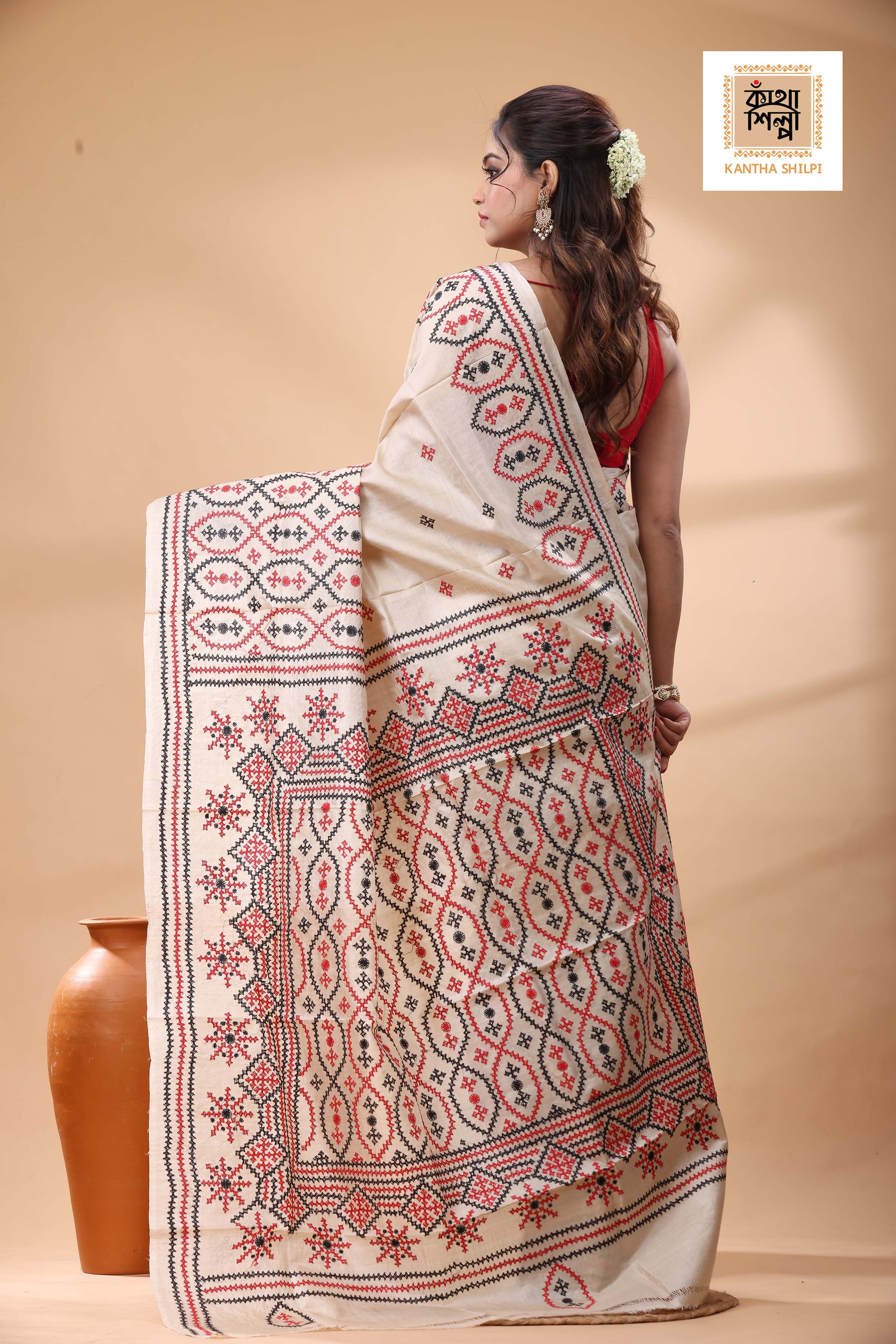Pure Gachi Tussar with Red Black Thread Work Gujrati Stitch Saree