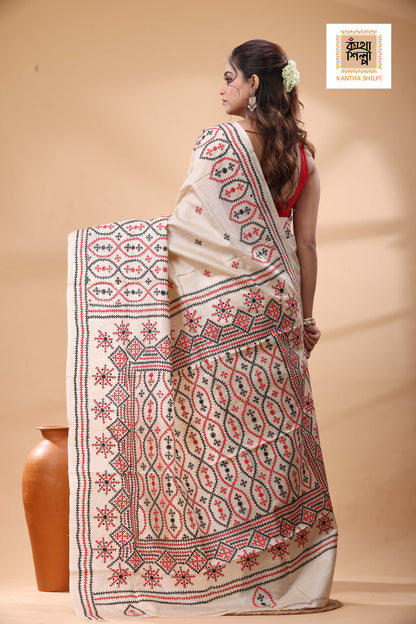 Pure Gachi Tussar with Red Black Thread Work Gujrati Stitch Saree