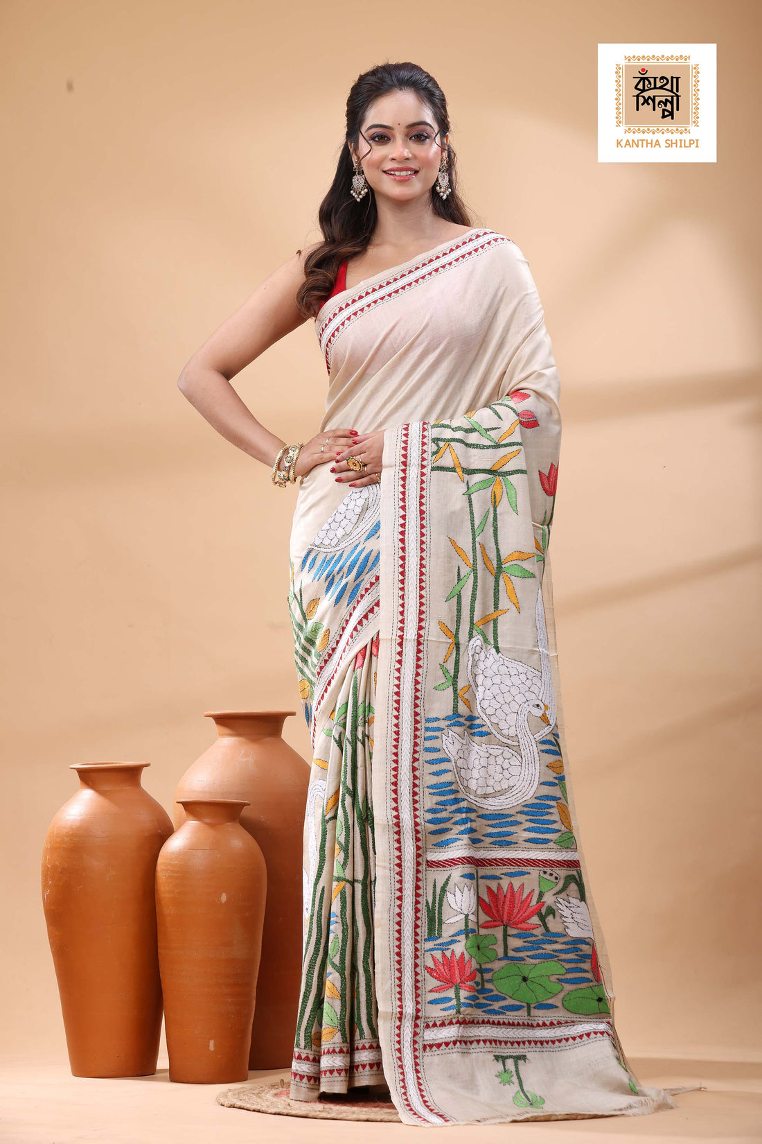 Pure Gachi Tussar Multicolor Thread Work Kantha Stitch Saree