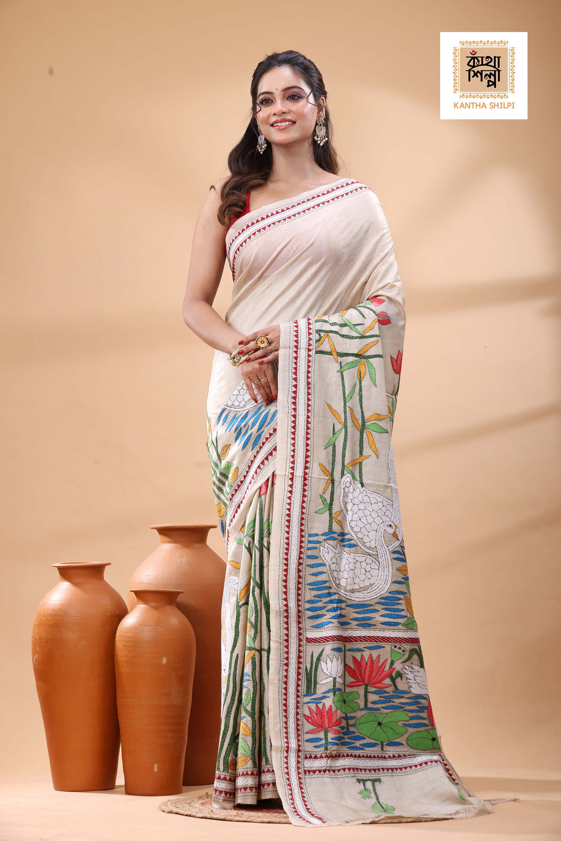 Pure Gachi Tussar Multicolor Thread Work Kantha Stitch Saree