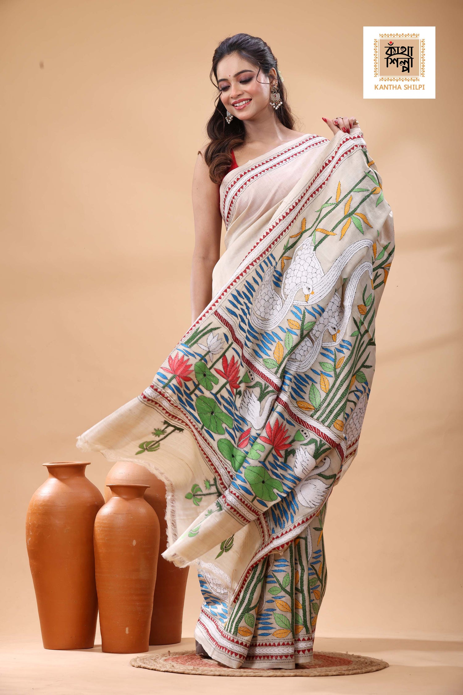Pure Gachi Tussar Multicolor Thread Work Kantha Stitch Saree