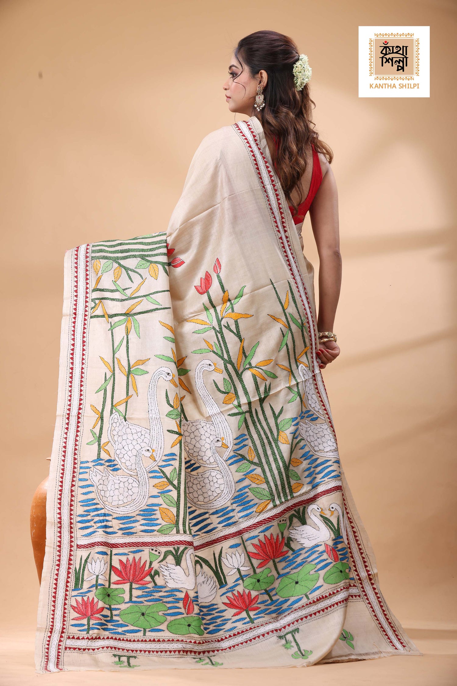 Pure Gachi Tussar Multicolor Thread Work Kantha Stitch Saree