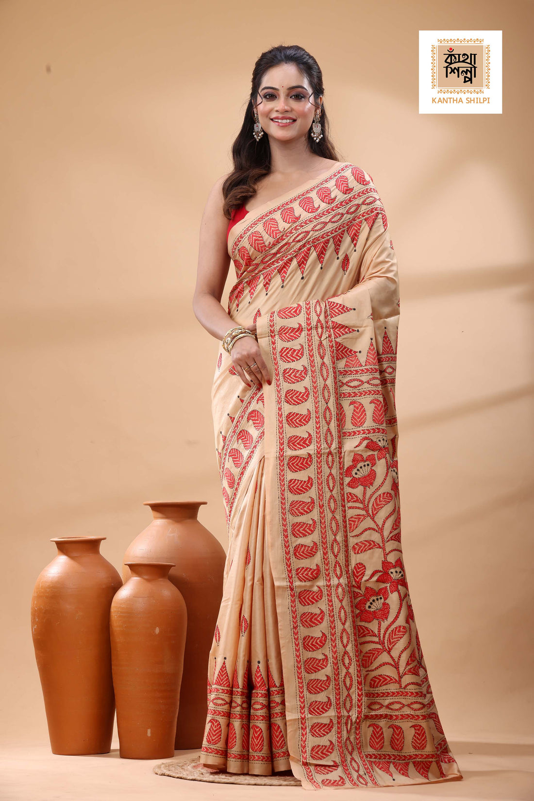 Beige Pure Bangalore Silk Red Color Thread Work Kantha Stitch Saree