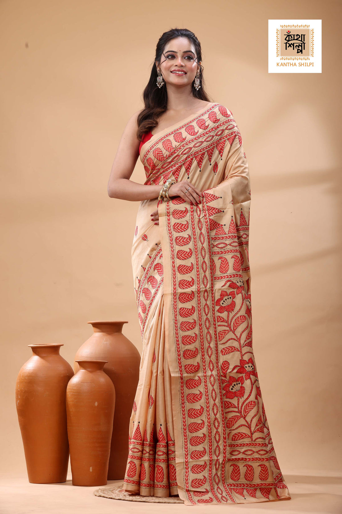 Beige Pure Bangalore Silk Red Color Thread Work Kantha Stitch Saree