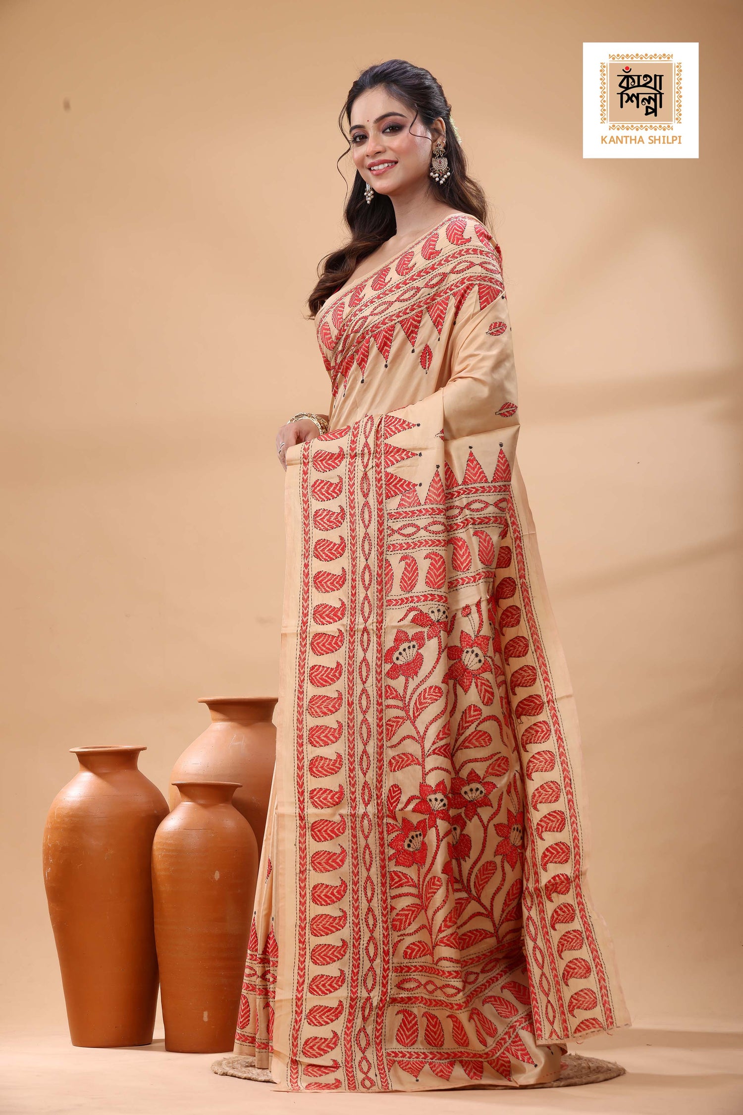 Beige Pure Bangalore Silk Red Color Thread Work Kantha Stitch Saree